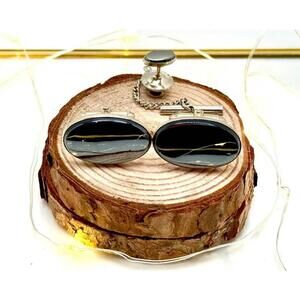 Vintage Hematite Cufflinks & Tie Tack Set – Oval Silver Tone, Black Cabochons